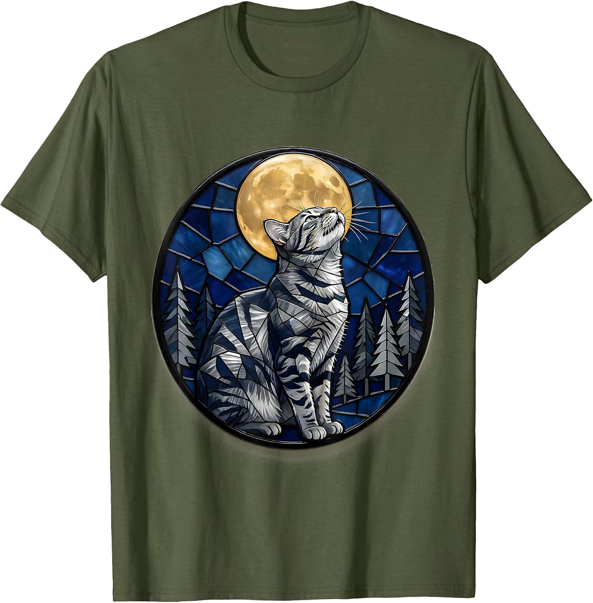 Grey Tabby Cat Howling at Moon Stained Glass 90's Retro T-Shirt - Olive Green