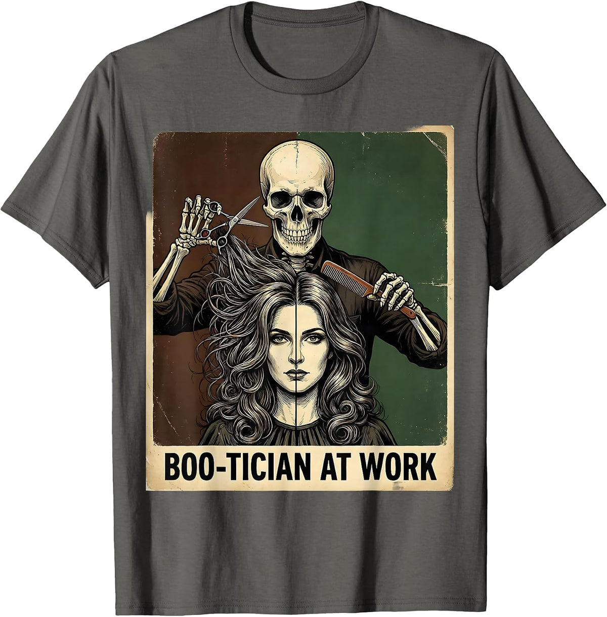 Boo-tician At Work Vintage Skeleton Hairdresser Halloween T-Shirt - Asphalt Grey