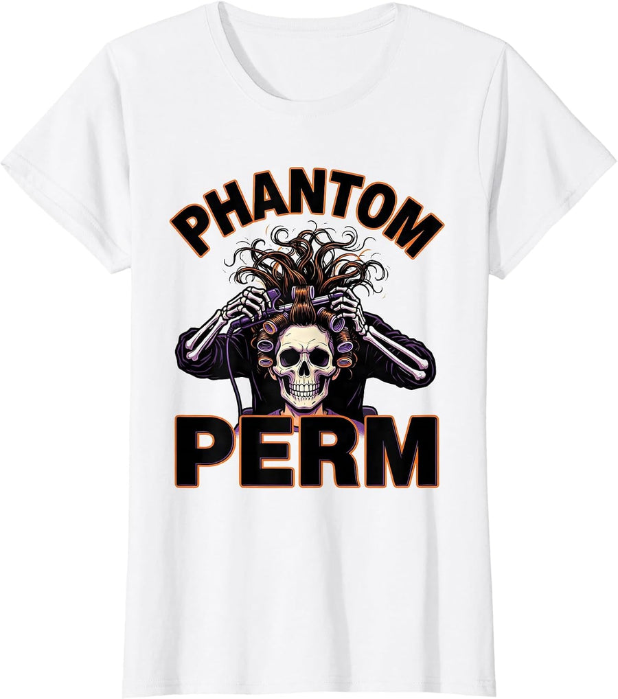 Women's Phantom Perm Cartoon Skeleton Hairstylist Halloween Barber T-Shirt - White