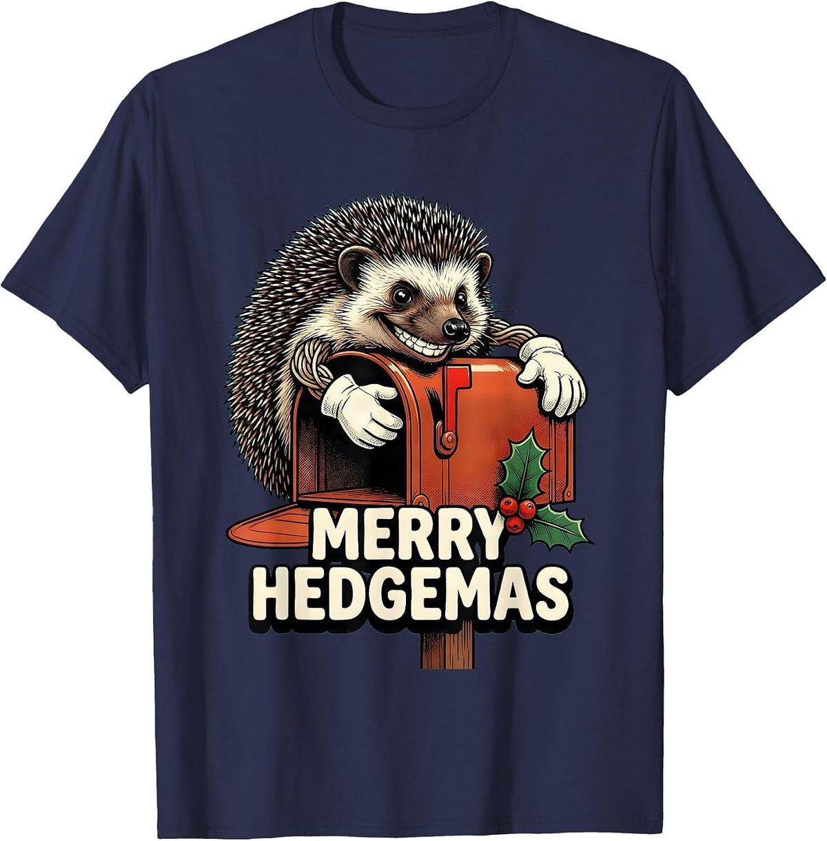Men's Merry Hedgemas Retro Cartoon Hedgehog Christmas Humor T-Shirt - Navy Blue