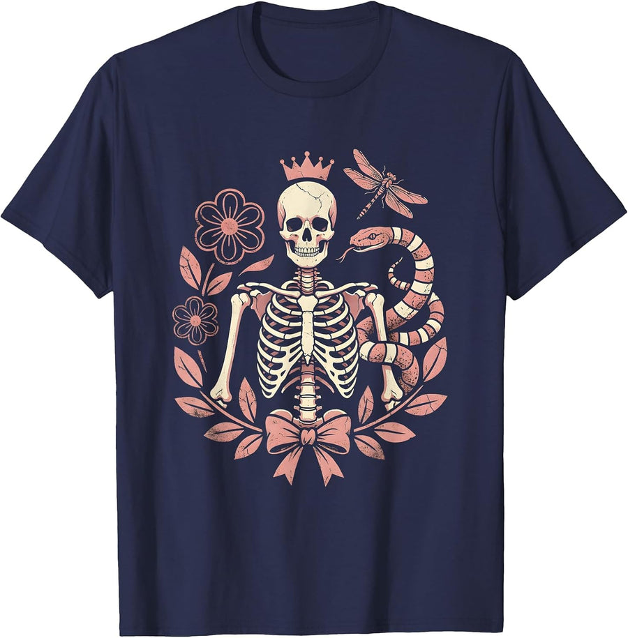 Skeleton Woman Snake Coiled Arm Dark Art Graphic T-Shirt - Navy Blue