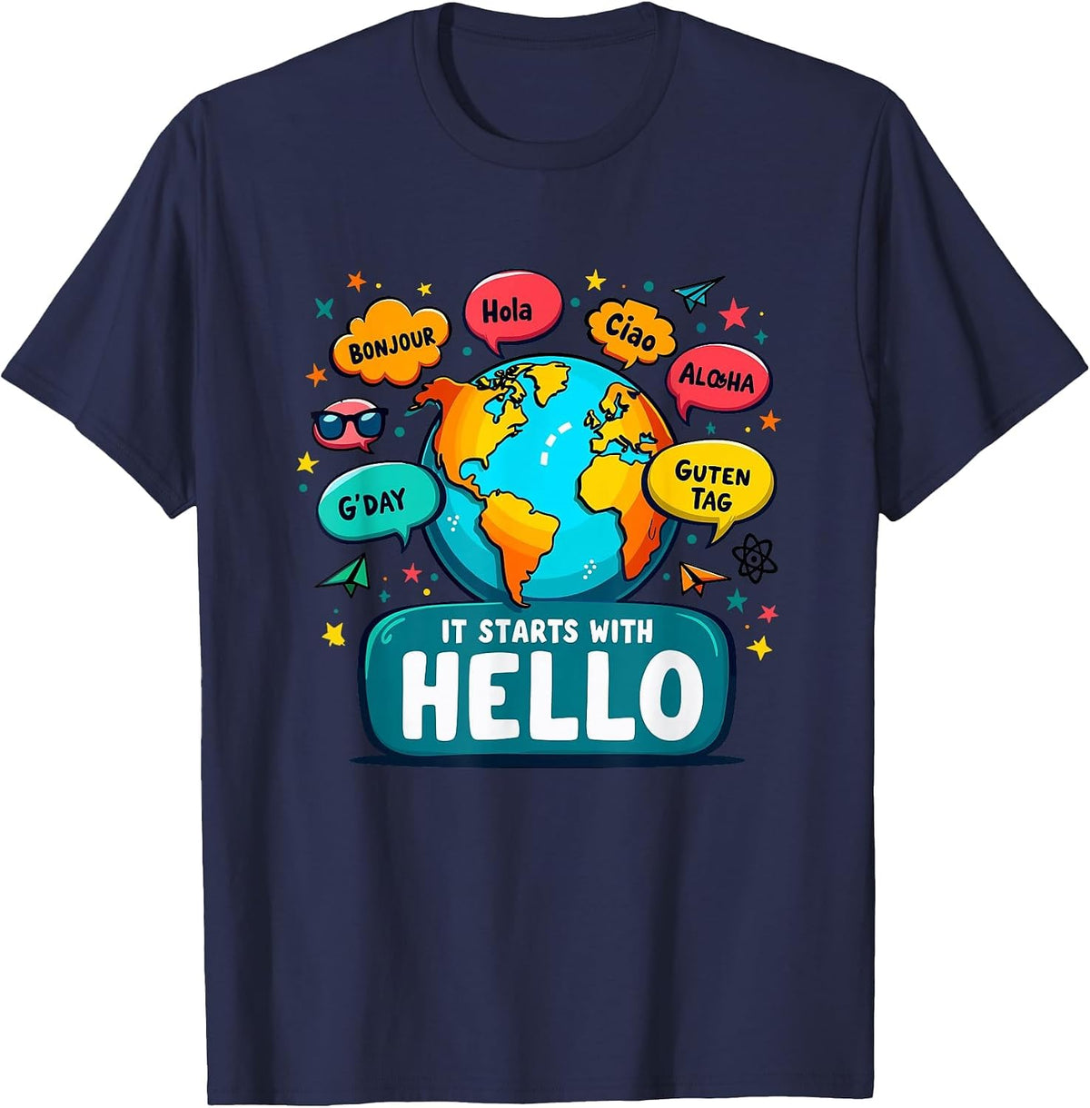 It Starts with Hello Friendship Inclusion Language Teacher T-Shirt - Navy Blue