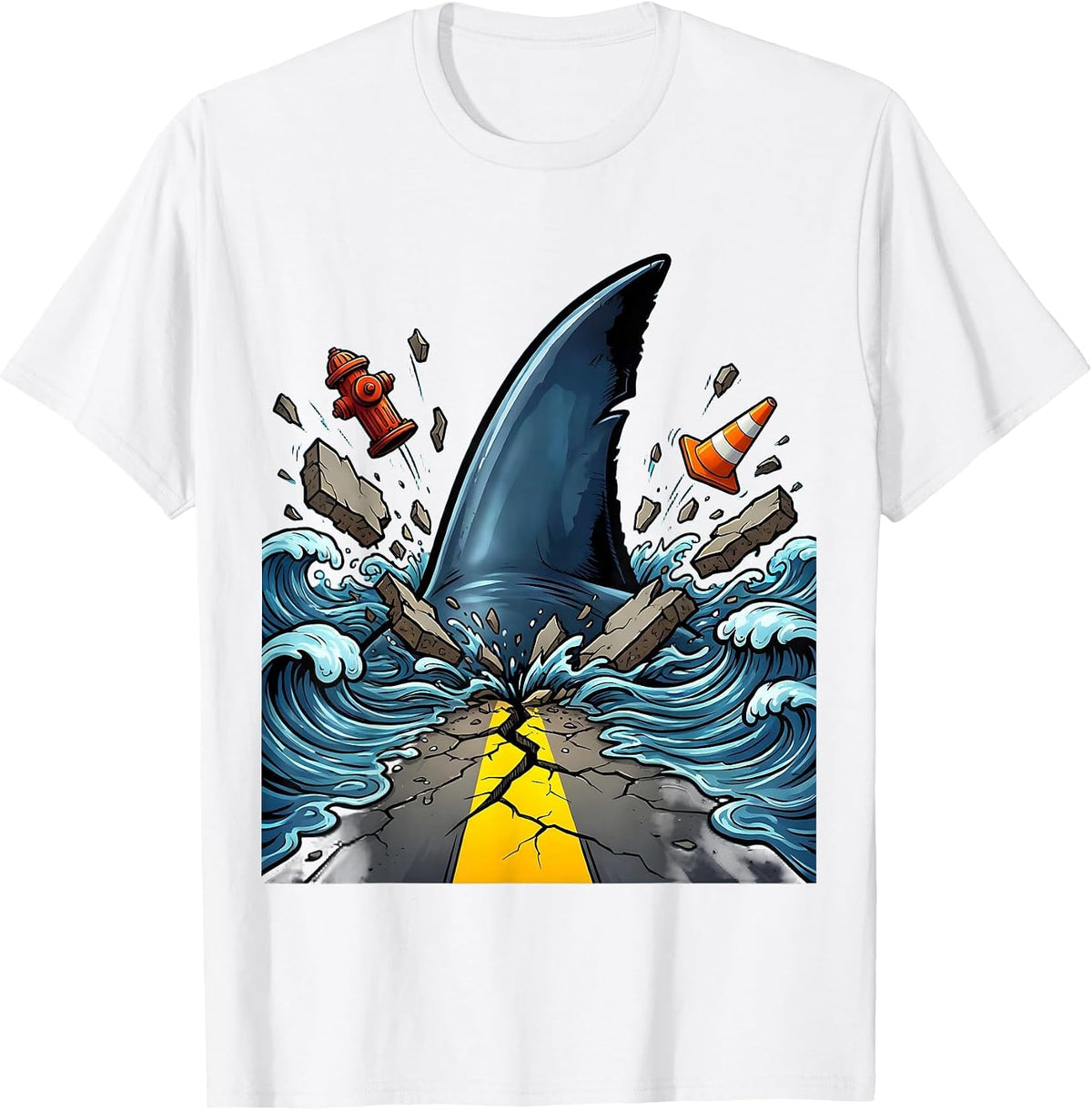 Men's Shark Fin City Street Weird Graphic Tee T-Shirt - White