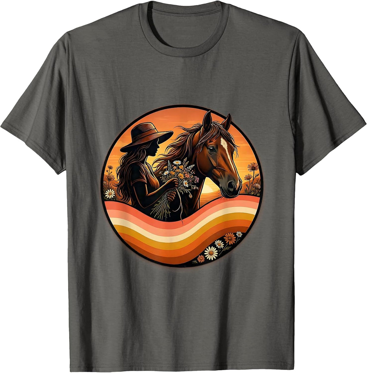 Cowgirl Braiding Horse Mane With Wildflowers T-Shirt - Asphalt Grey