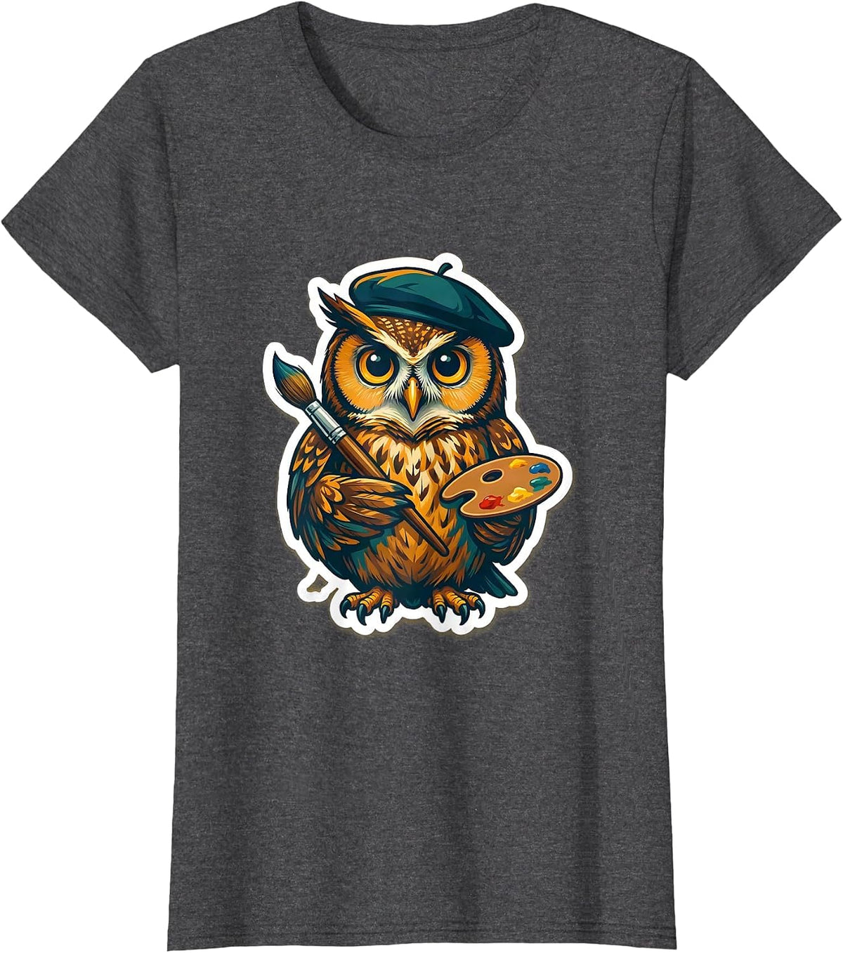 Women's Artistic Owl Painter Beret Paintbrush Design T-Shirt - Dark Heather Grey