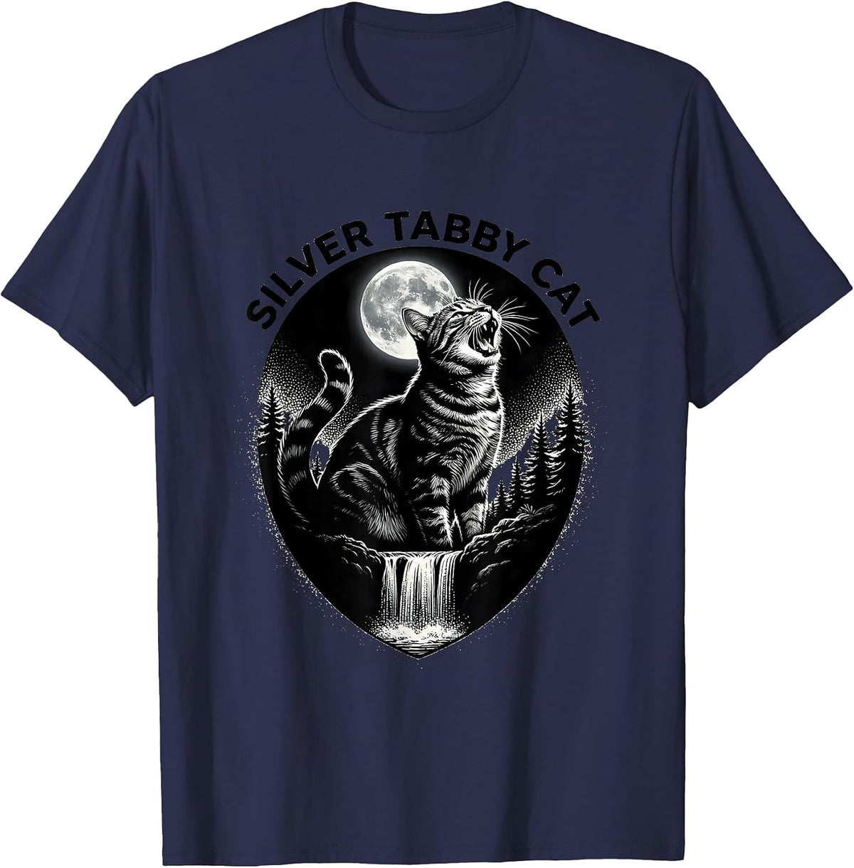 Men's Silver Tabby Cat Howling at Moon 90's Retro T-Shirt - Navy Blue