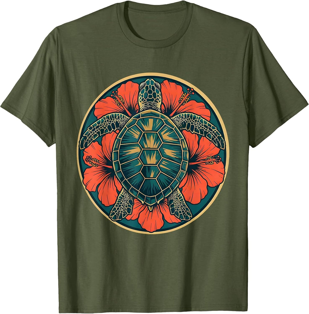 Sea Turtle Hibiscus Luau Tropical Graphic T-Shirt - Olive Green