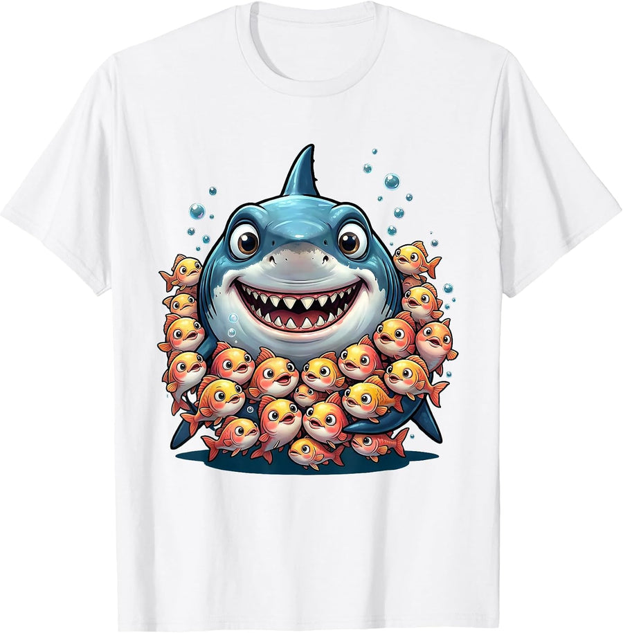 Men's Mommy Shark Ocean Mom Surrounded by Baby Fish T-Shirt - White