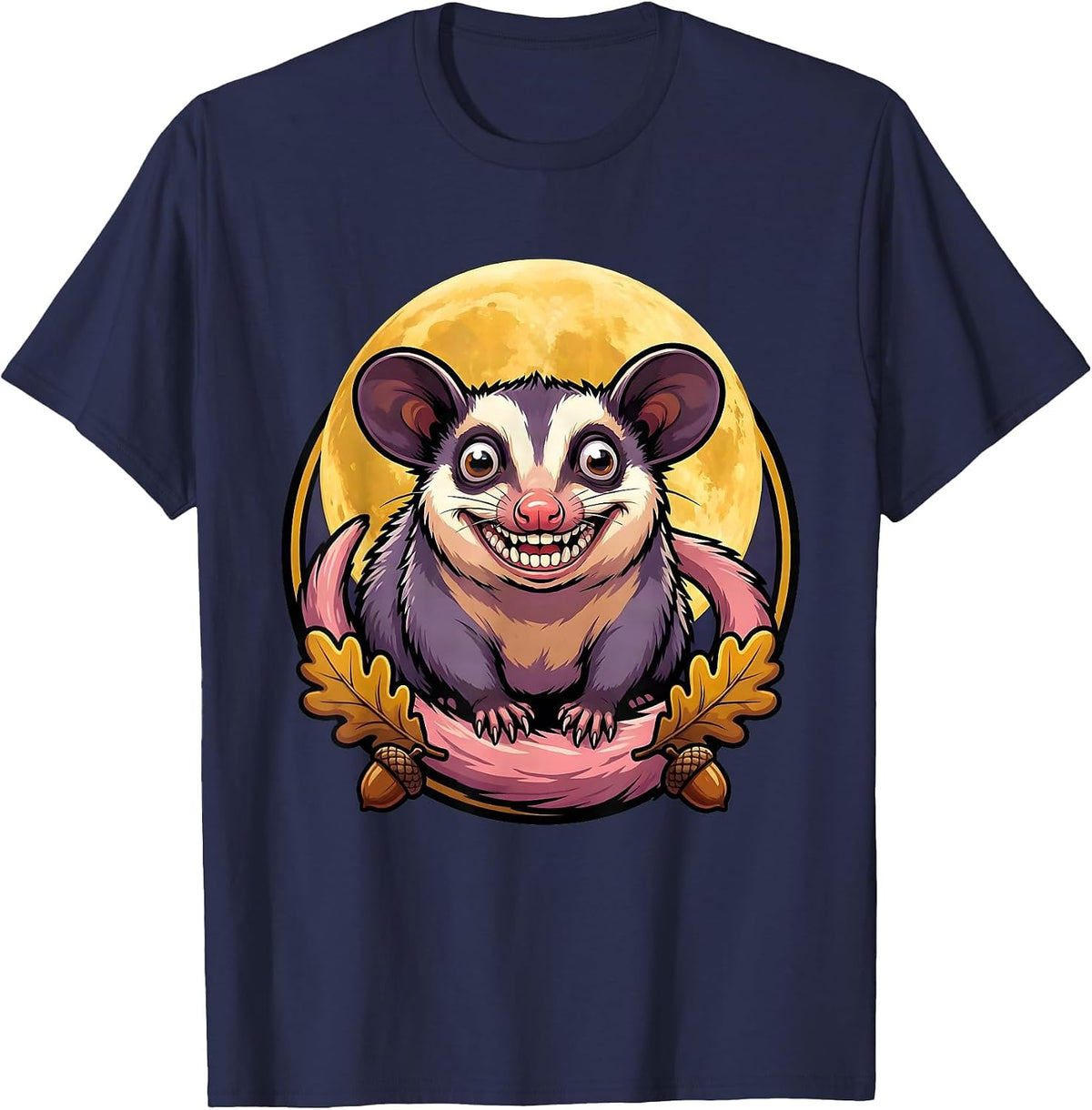 Opossum Foraging Under Full Moon Night Art T-Shirt - Navy Blue