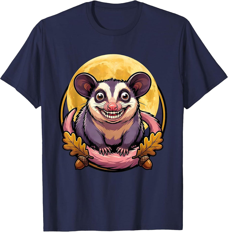 Opossum Foraging Under Full Moon Night Art T-Shirt - Navy Blue