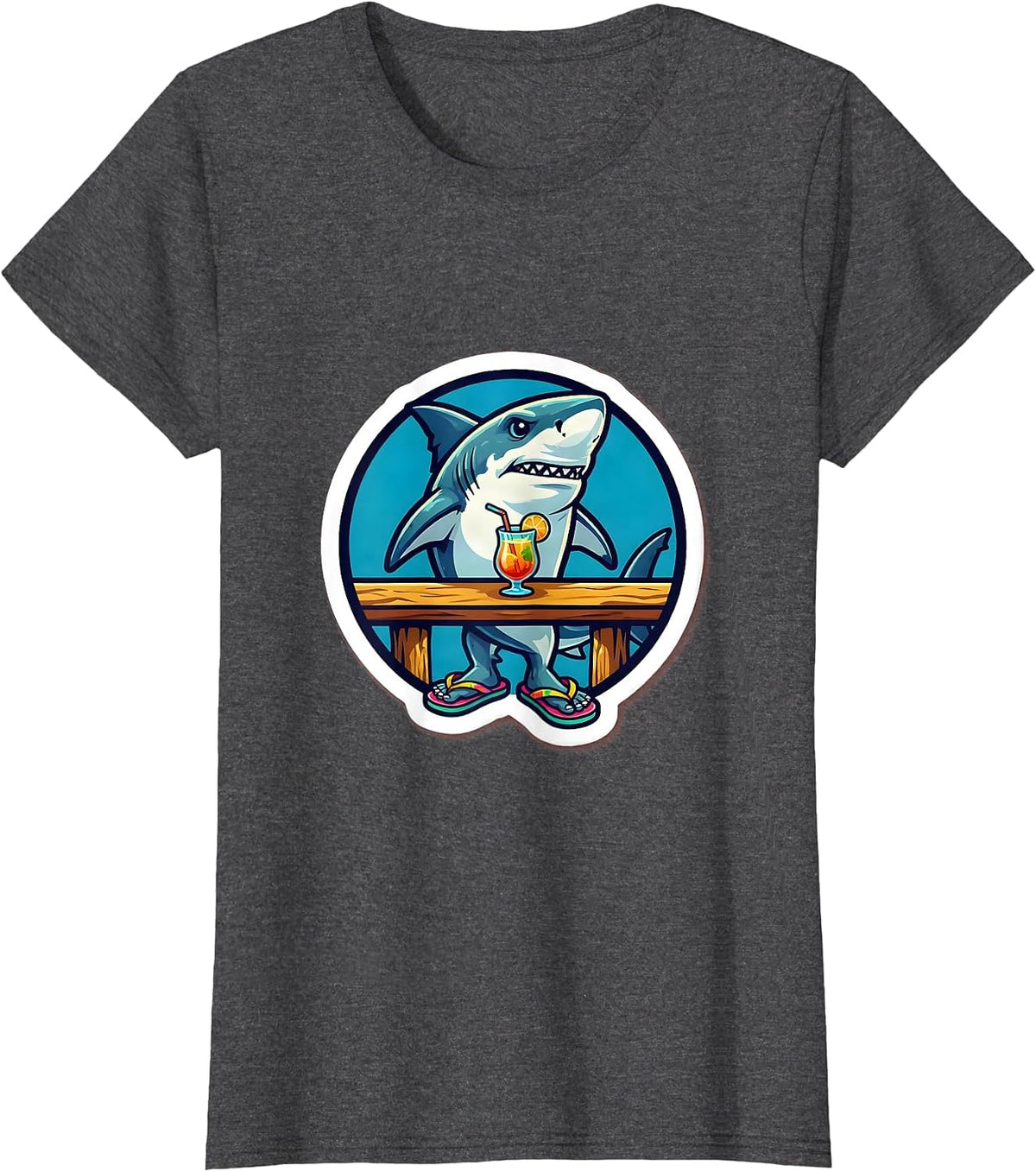 Women's Shark In Flip Flops Beach Bar Funny Graphic T-Shirt - Dark Heather Grey
