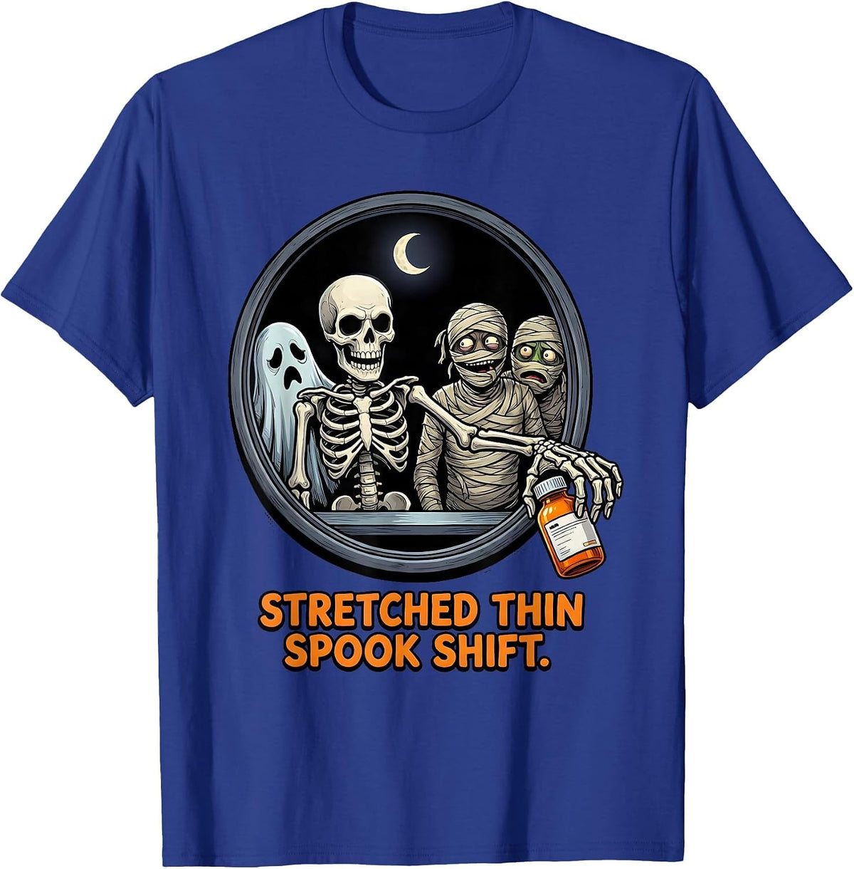 Men's Stretched Thin Spook Shift Funny Pharmacy Tech Halloween T-Shirt - Royal Blue