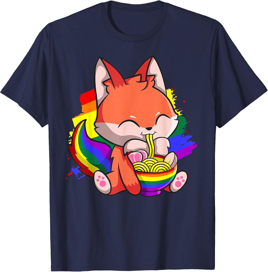 Gay Pride Kawaii Fox Ramen Noodles Rainbow Flag T-Shirt - Navy Blue