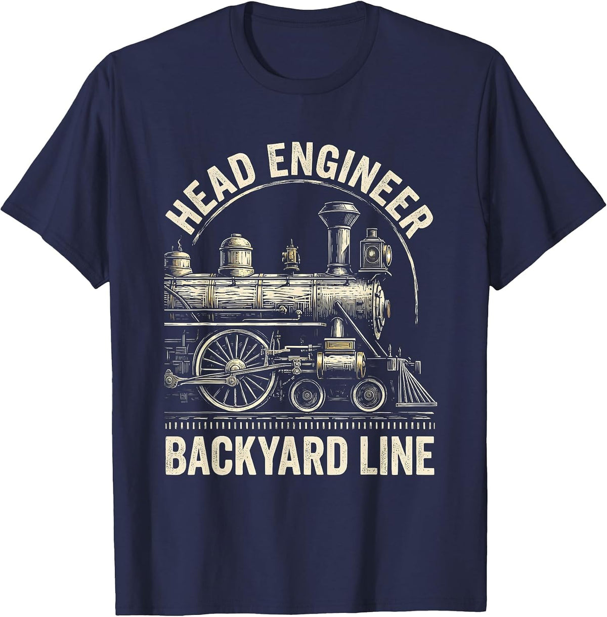Men's Head Engineer Backyard Line Vintage Steam Train Enthusiast T-Shirt - Navy Blue