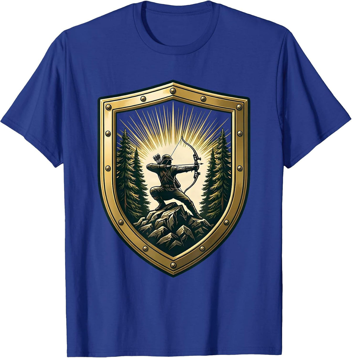 Bowhunter Crouched Behind Rocky Outcropping T-Shirt - Royal Blue