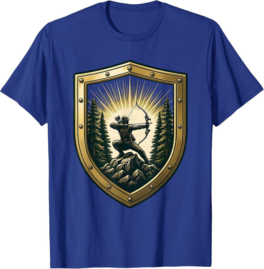 Bowhunter Crouched Behind Rocky Outcropping T-Shirt - Royal Blue