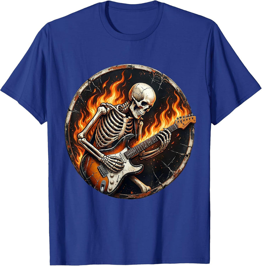 Skeleton Electric Guitar Flames Halloween Design T-Shirt - Royal Blue
