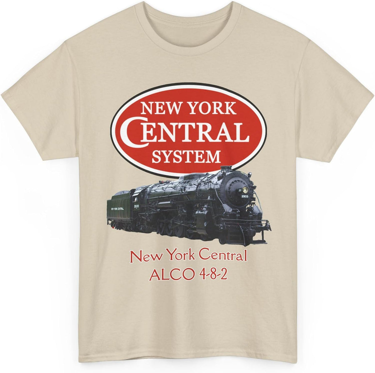 New York Central ALCO 4-8-2 Steam Locomotive & Logo T-Shirt | Railroad Tee - Sand