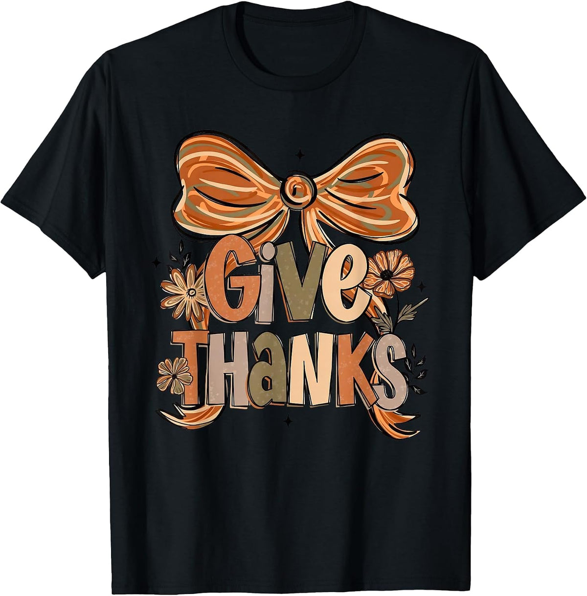 Give Thanks Floral Preppy Fall Thanksgiving Bow Coquette T-Shirt - Black