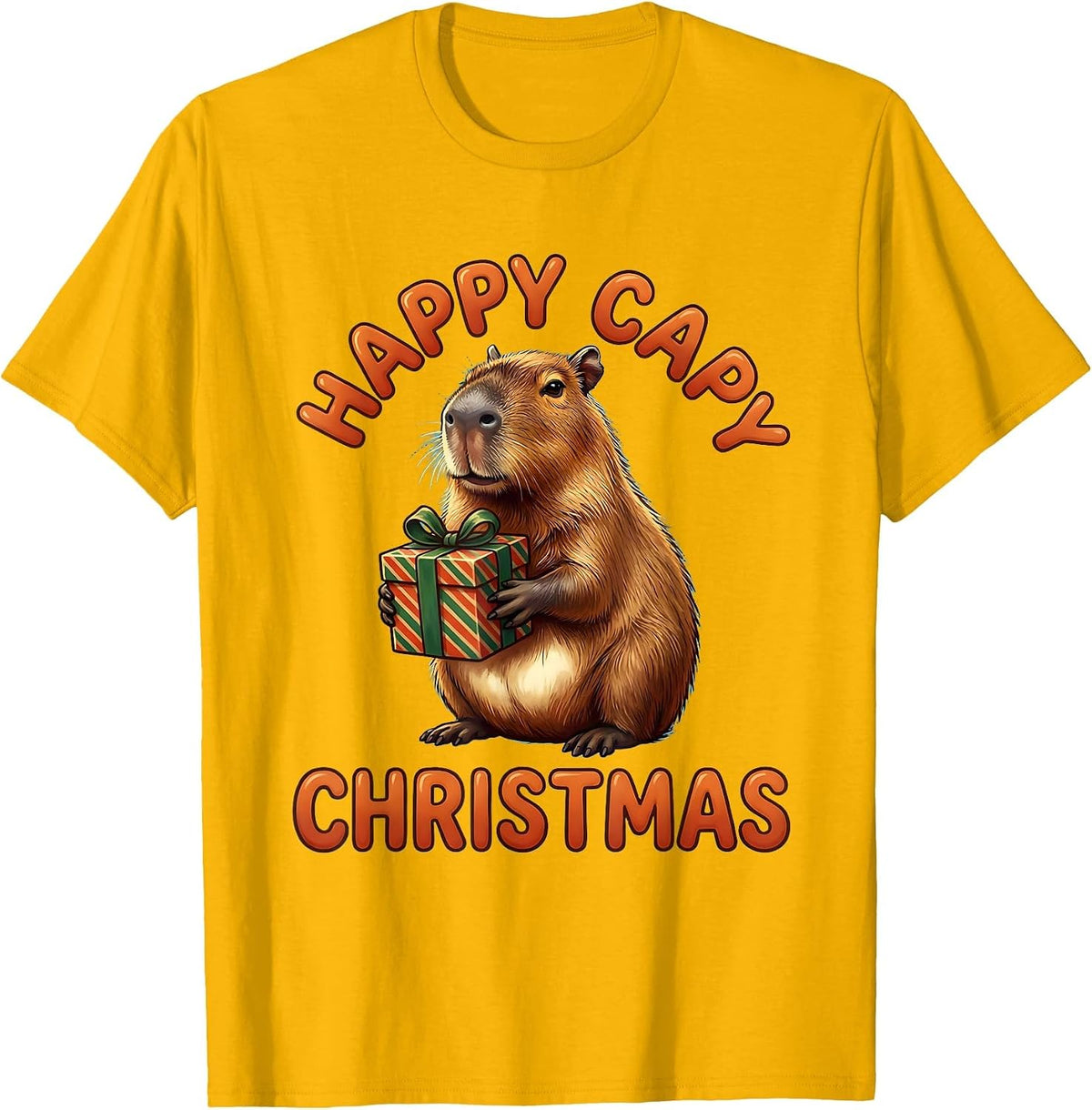 Happy Capy Christmas Cute Capybara Animal Lover Family Humor T-Shirt - Golden Yellow