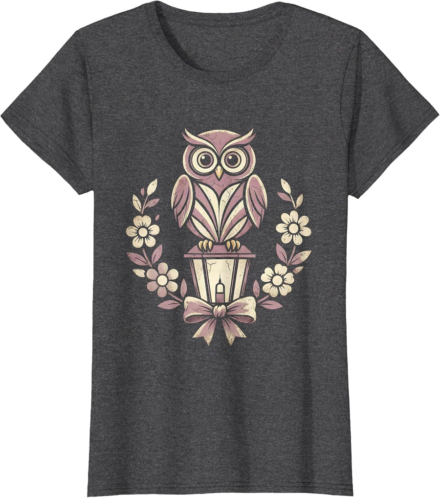 Women's Owl on Lantern Girls Halloween Graphic T-Shirt - Dark Heather Grey