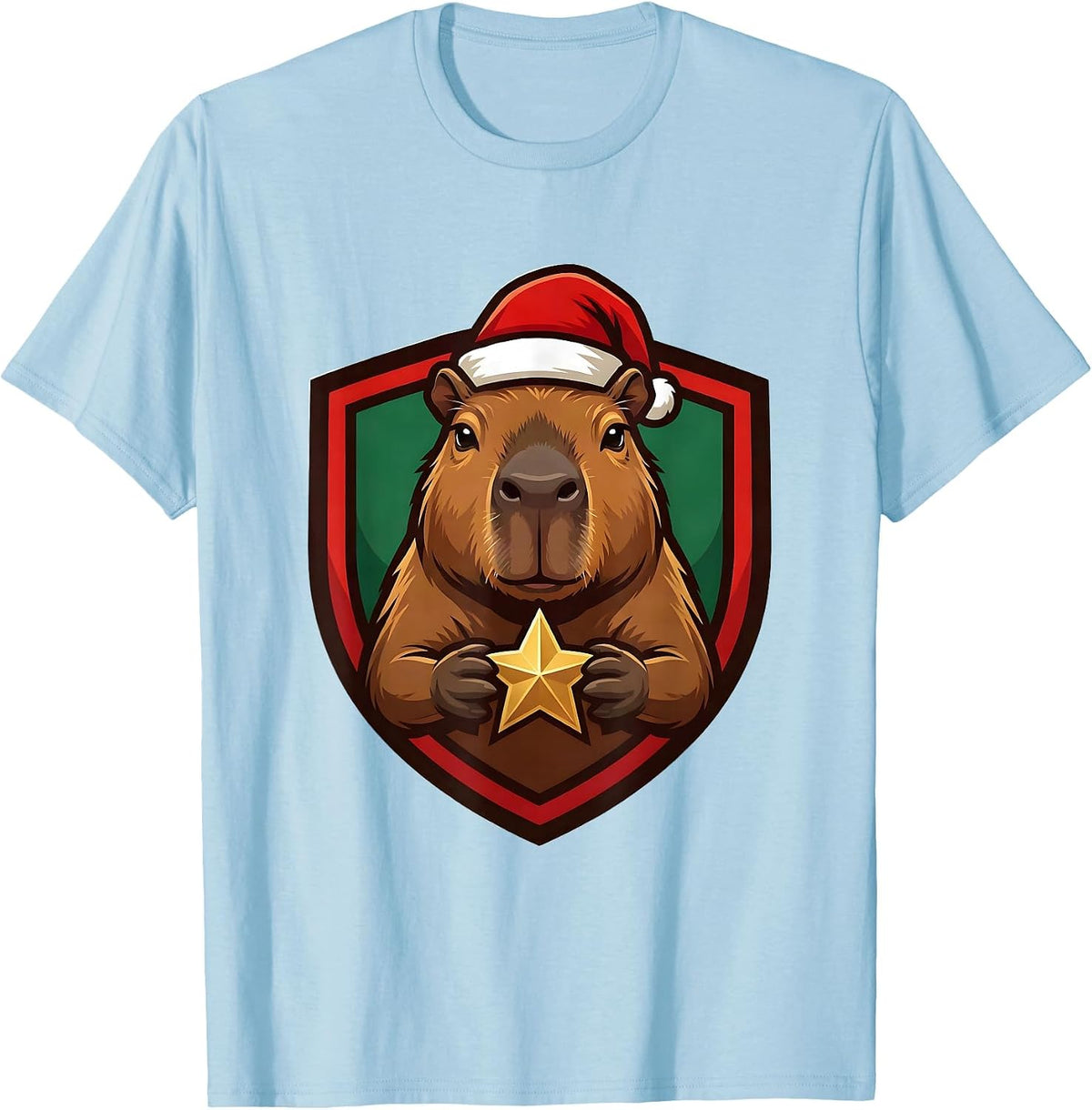 Men's Capybara Santa Hat Shield Badge Cute Christmas Animal Lover T-Shirt - Baby Blue