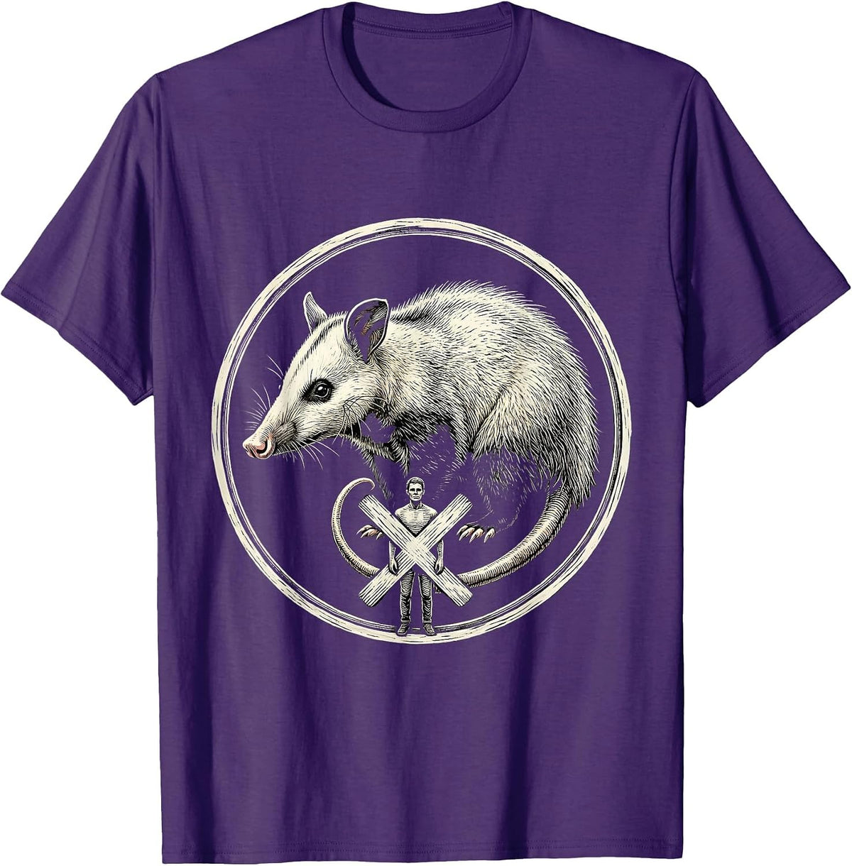 Sealed Opossum Badge Woodcut Engraving Animal Humor T-Shirt - Purple