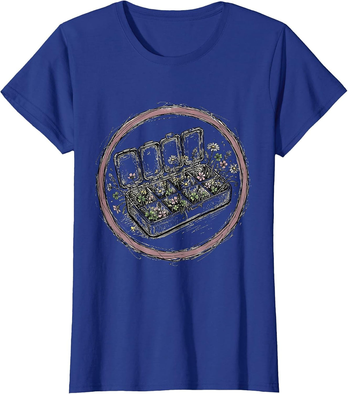 Women's Pill Organizer Overflowing With Flowers Graphic T-Shirt - Royal Blue