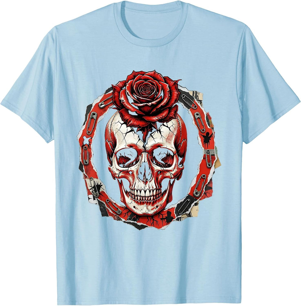 Men's Blooming Skull Punk Floral Graphic Design T-Shirt - Baby Blue