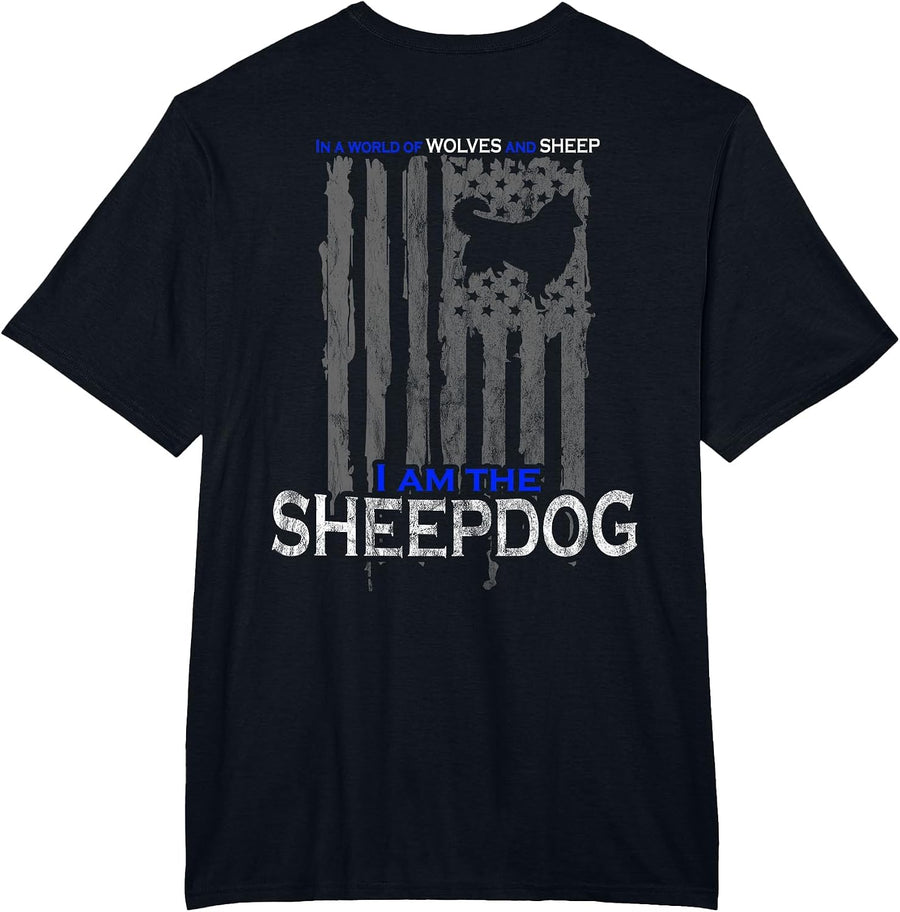 Patriotic Sheepdog, Wolves, and Sheep American Flag T-Shirt - Black