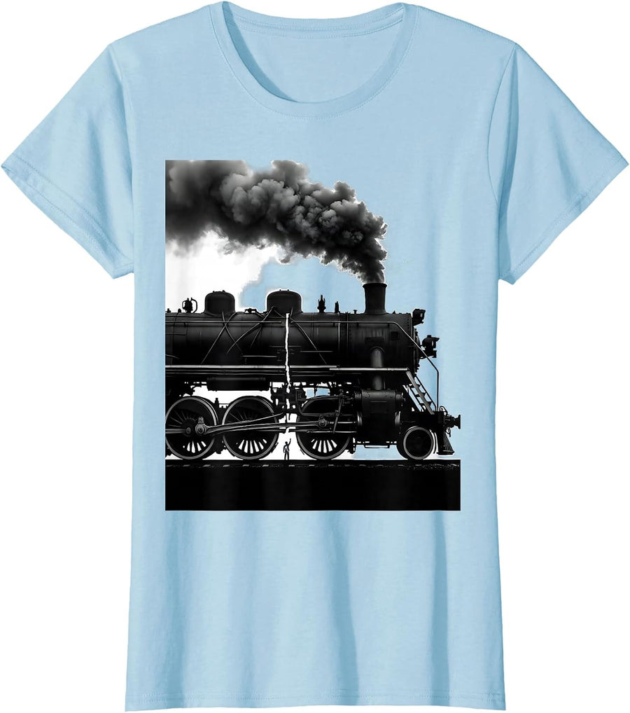 Women's Massive Steam Locomotive Silhouette Train Enthusiast Retro T-Shirt - Baby Blue