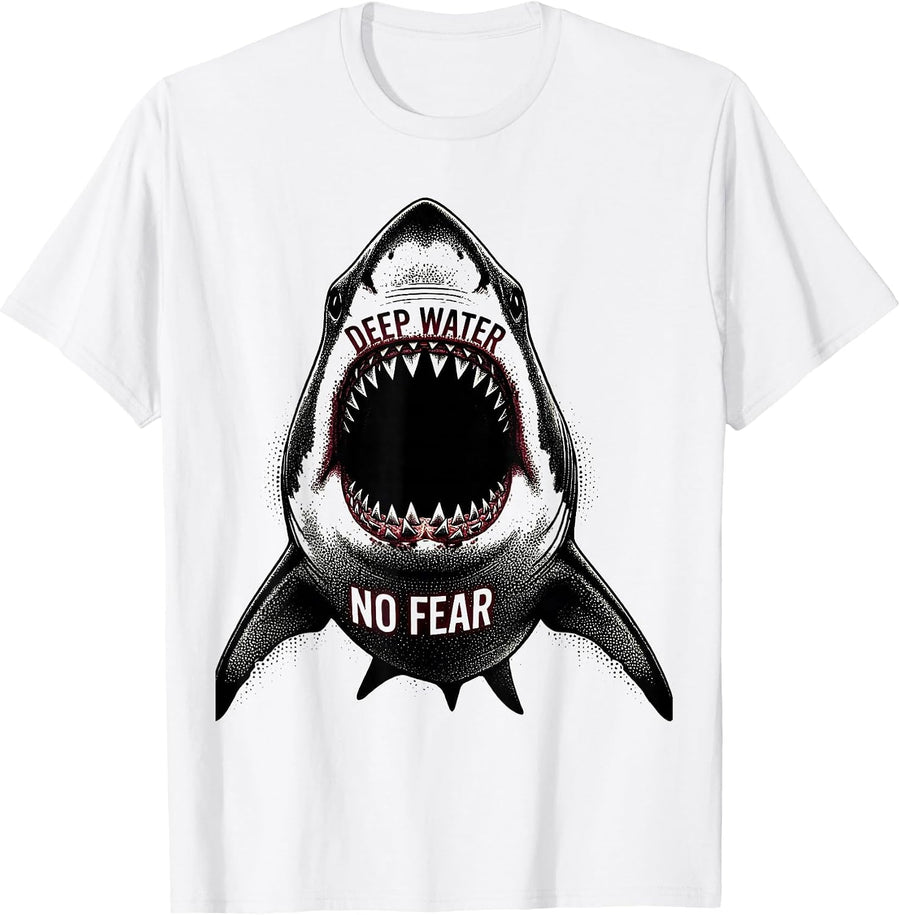 Men's Deep Water No Fear Bold Shark Design T-Shirt - White