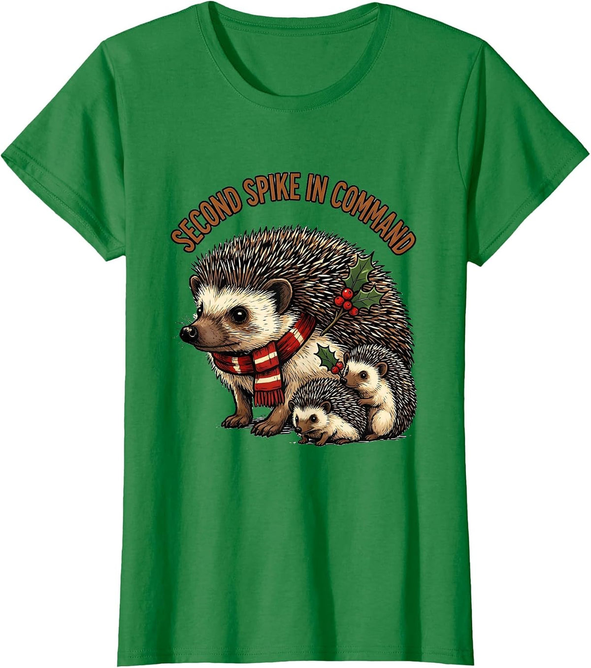 Women's Second Spike In Command Cute Hedgehog Christmas Novelty T-Shirt - Kelly Green