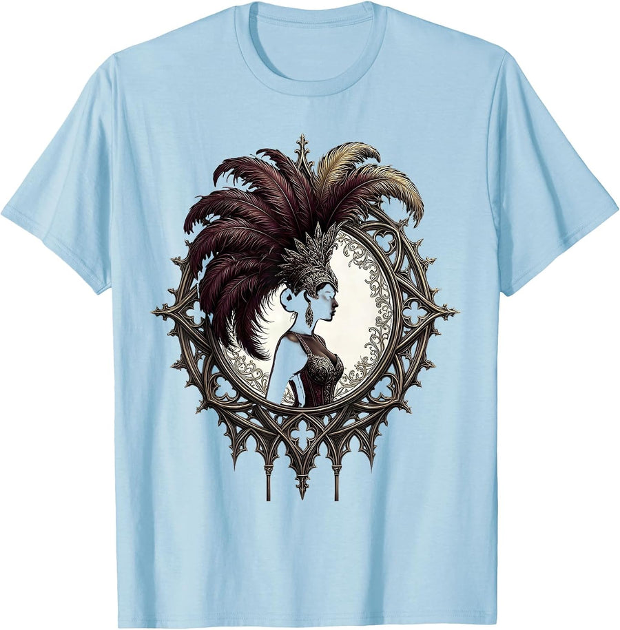 Men's Showgirl Profile Feathered Hat Illustration T-Shirt - Baby Blue