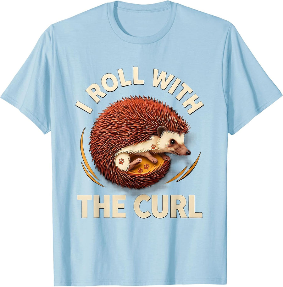 Men's I Roll With The Curl Cute Hedgehog Lover Funny Animal Humor T-Shirt - Baby Blue