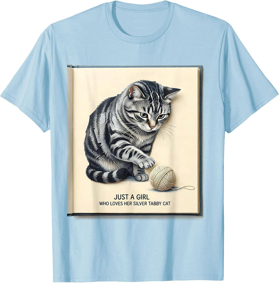 Men's Just A Girl Who Loves Her Silver Tabby Cat Cute T-Shirt - Baby Blue