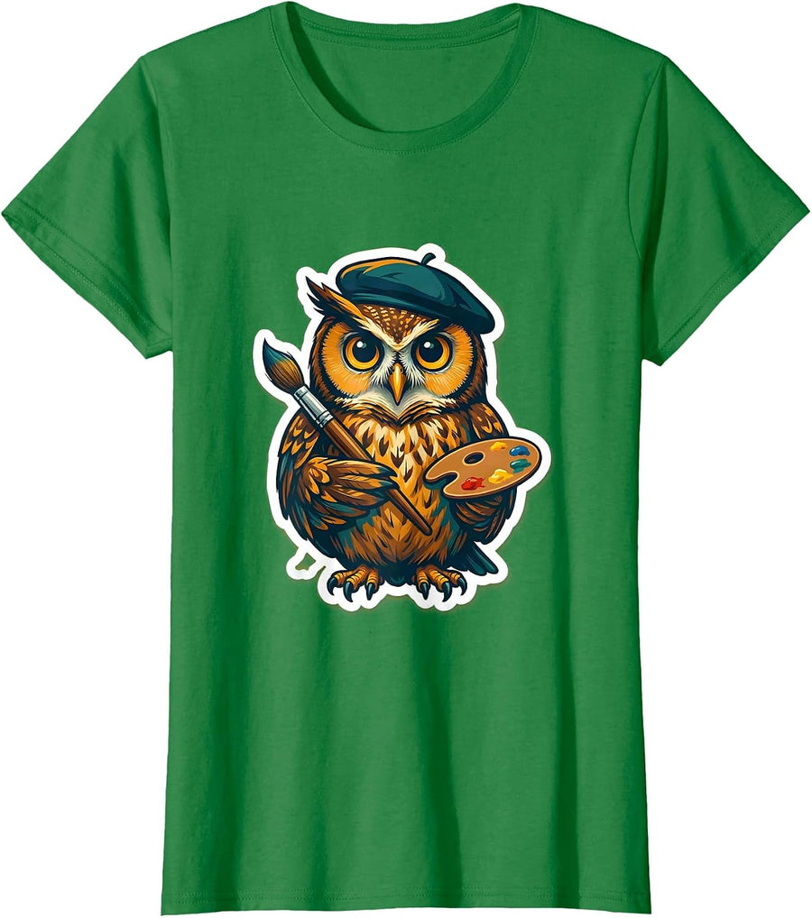 Women's Artistic Owl Painter Beret Paintbrush Design T-Shirt - Kelly Green