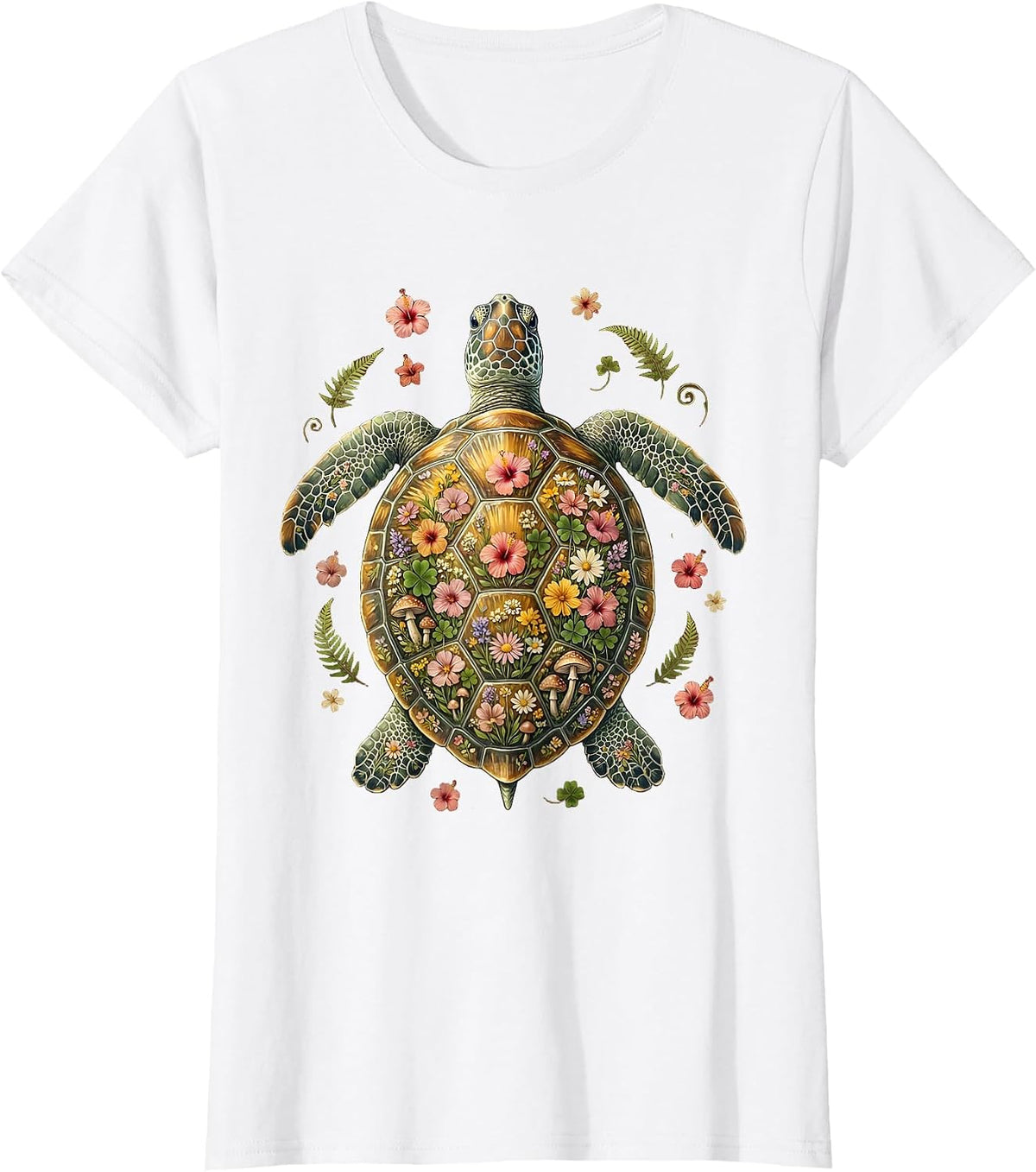 Women's Hawaiian Sea Turtle Floral Shell Graphic Tee T-Shirt - White