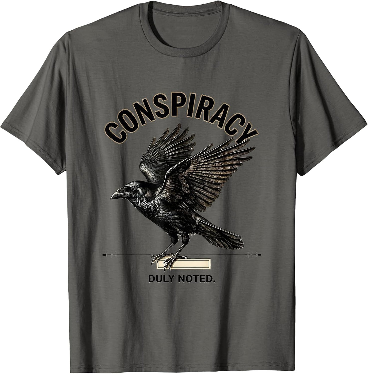 Men's Conspiracy Duly Noted Botanical Crow Dark Humor Bird Lover T-Shirt - Asphalt Grey