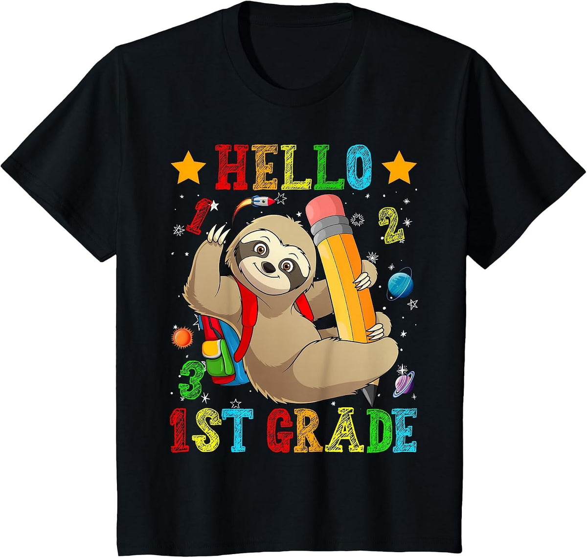 Cute Hello 1st Grade Sloth Animal Back to School Kids Girls T-Shirt - Black