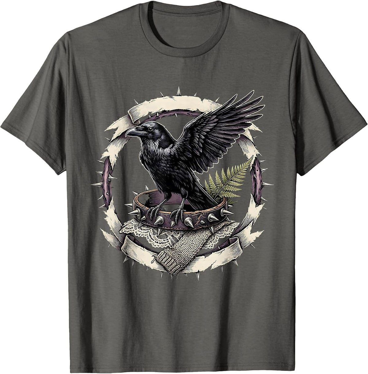 Men's Raven on Spiked Bracelet Punk Gothic Art T-Shirt - Asphalt Grey