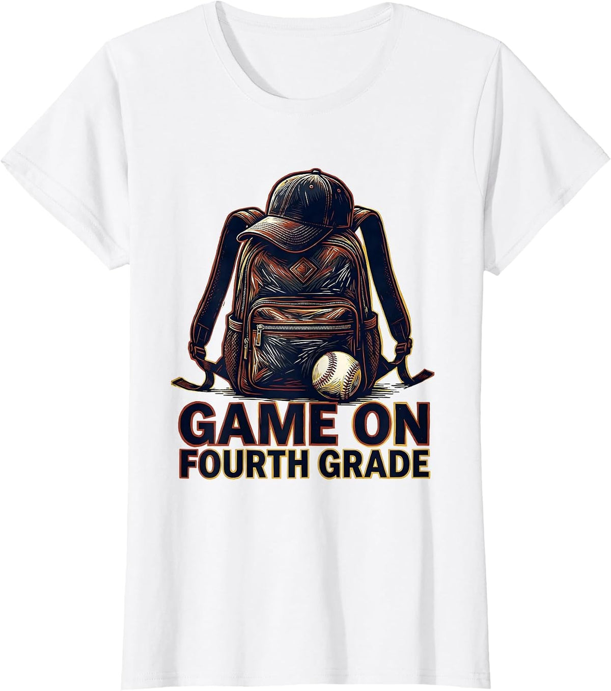 Women's Game On Fourth Grade Linocut Baseball Back To School Boy T-Shirt - White