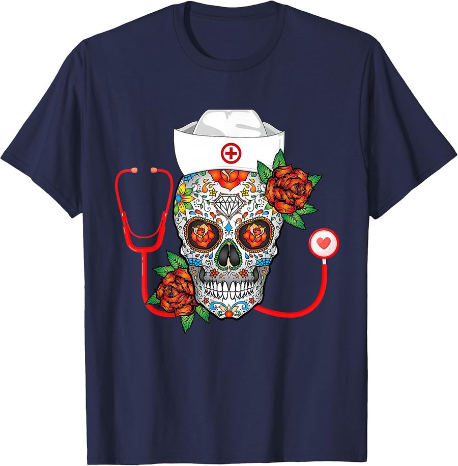 Funny Nursing Calavera Dia de Muertos Halloween Day Girls T-Shirt - Navy Blue