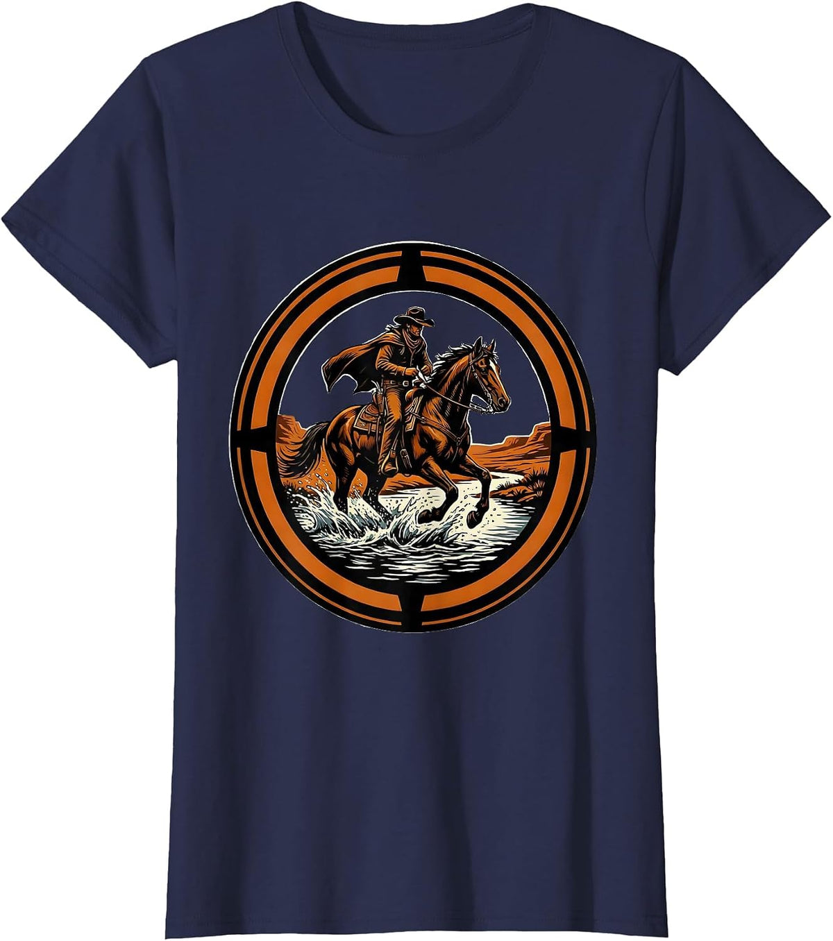 Women's Cowboy River Crossing Western Horse Riding Graphic T-Shirt - Navy Blue
