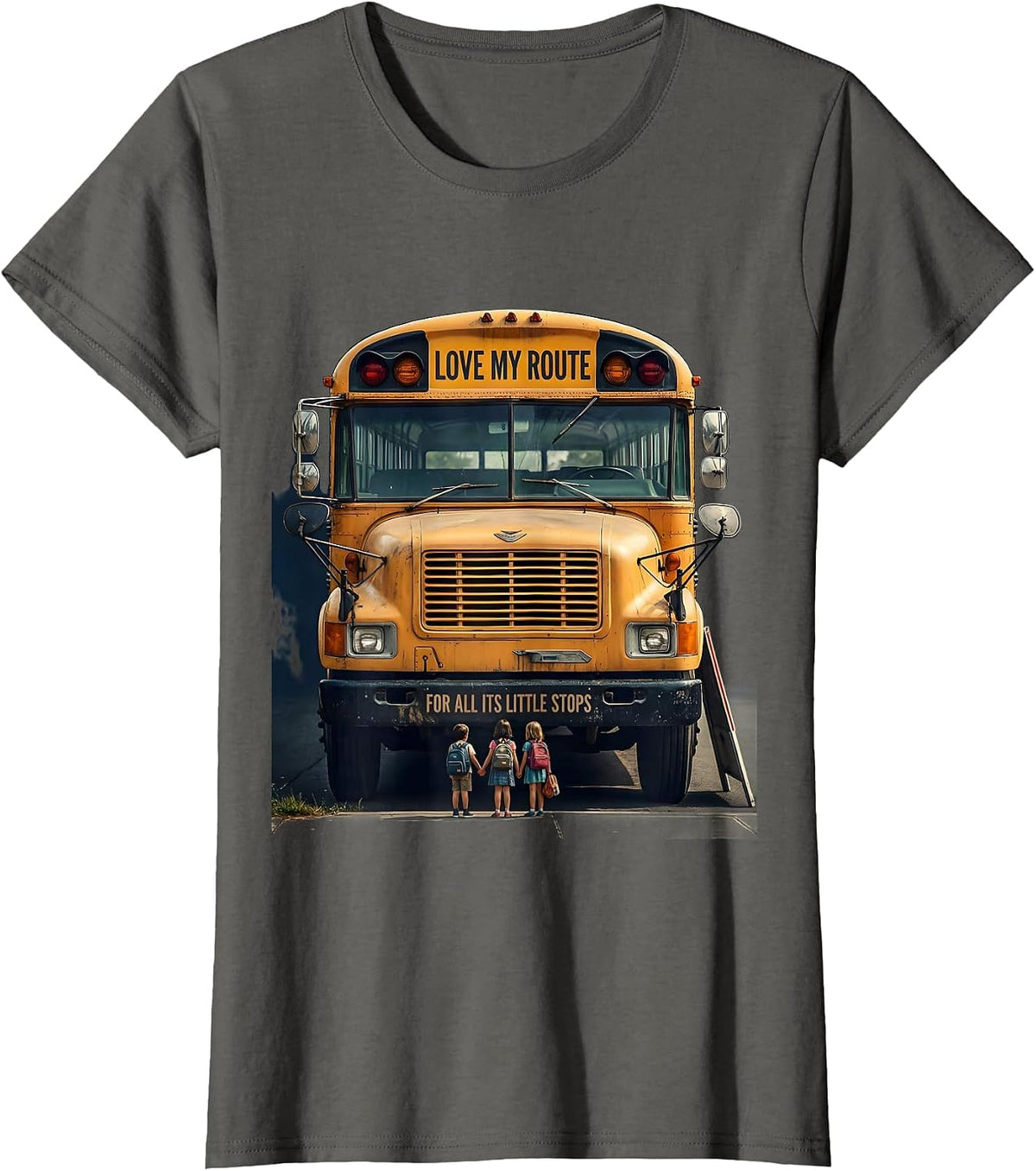 Women's Love My Route For All Its Little Stops Vintage School Bus T-Shirt - Asphalt Grey