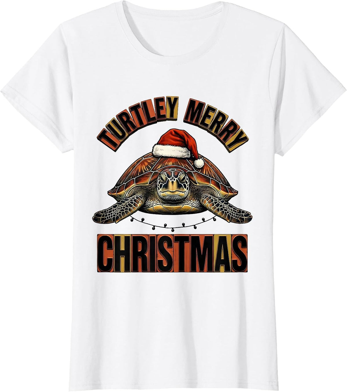 Women's Turtley Merry Christmas Wood Type Letterpress Sea Turtle T-Shirt - White