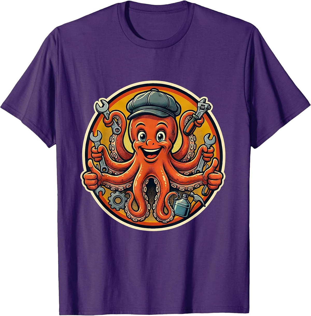 Men's Octopus Mechanic Graphic Tee Funny Auto Repair T-Shirt - Purple