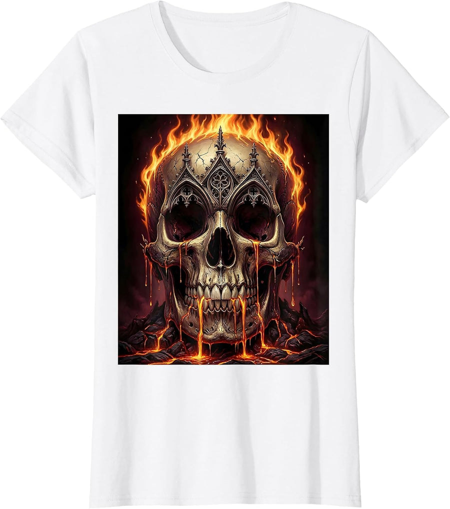 Women's Flaming Skull Molten Lava Graphic Design T-Shirt - White