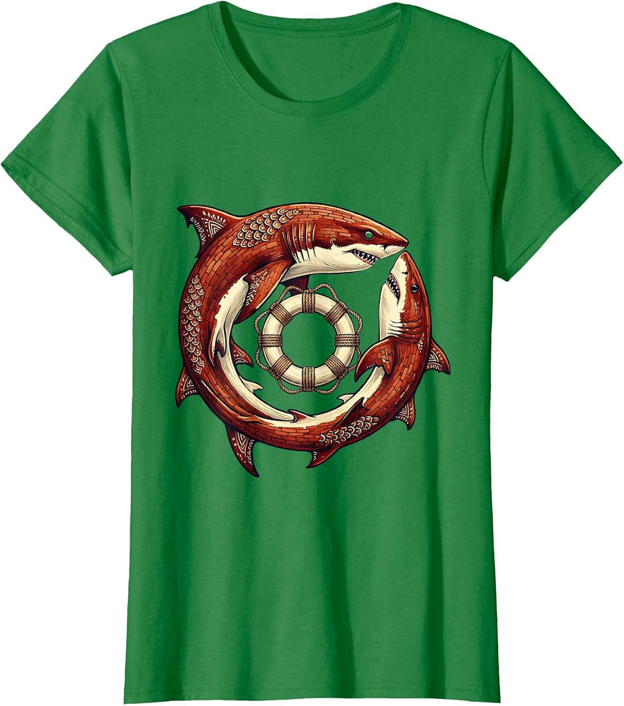 Women's Shark Circling Life Preserver Sailor Graphic T-Shirt - Kelly Green