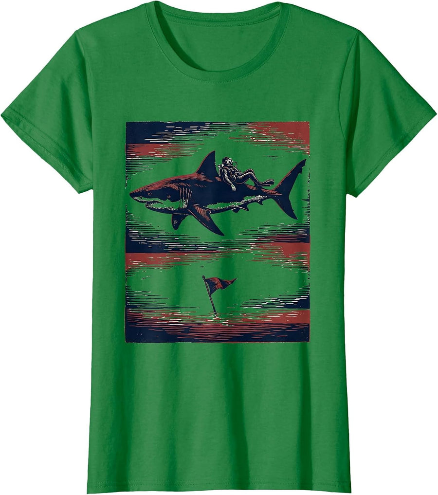 Women's Shark Silhouette Scuba Diver Linocut Humor Gift T-Shirt - Kelly Green